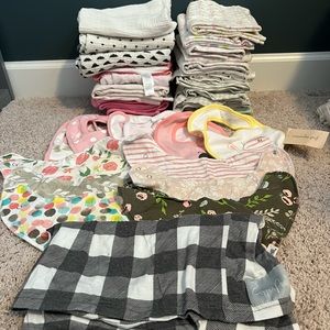 22 Burp Cloths, Copper Pearl Carseat Cover, 12 Bibs